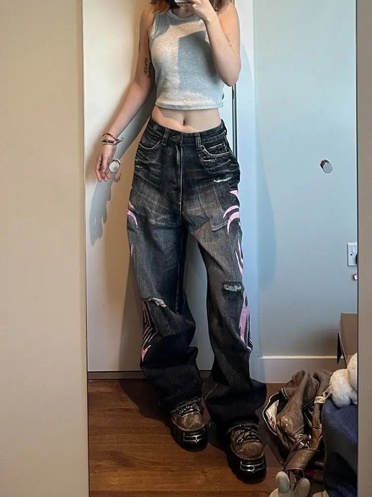 Denim Pant Women Jeans Wide Leg Long Pants Hole High Waist Straight Trousers Y2k Streetwear Print Mom Jeans Casual Loose 2025 Aviola