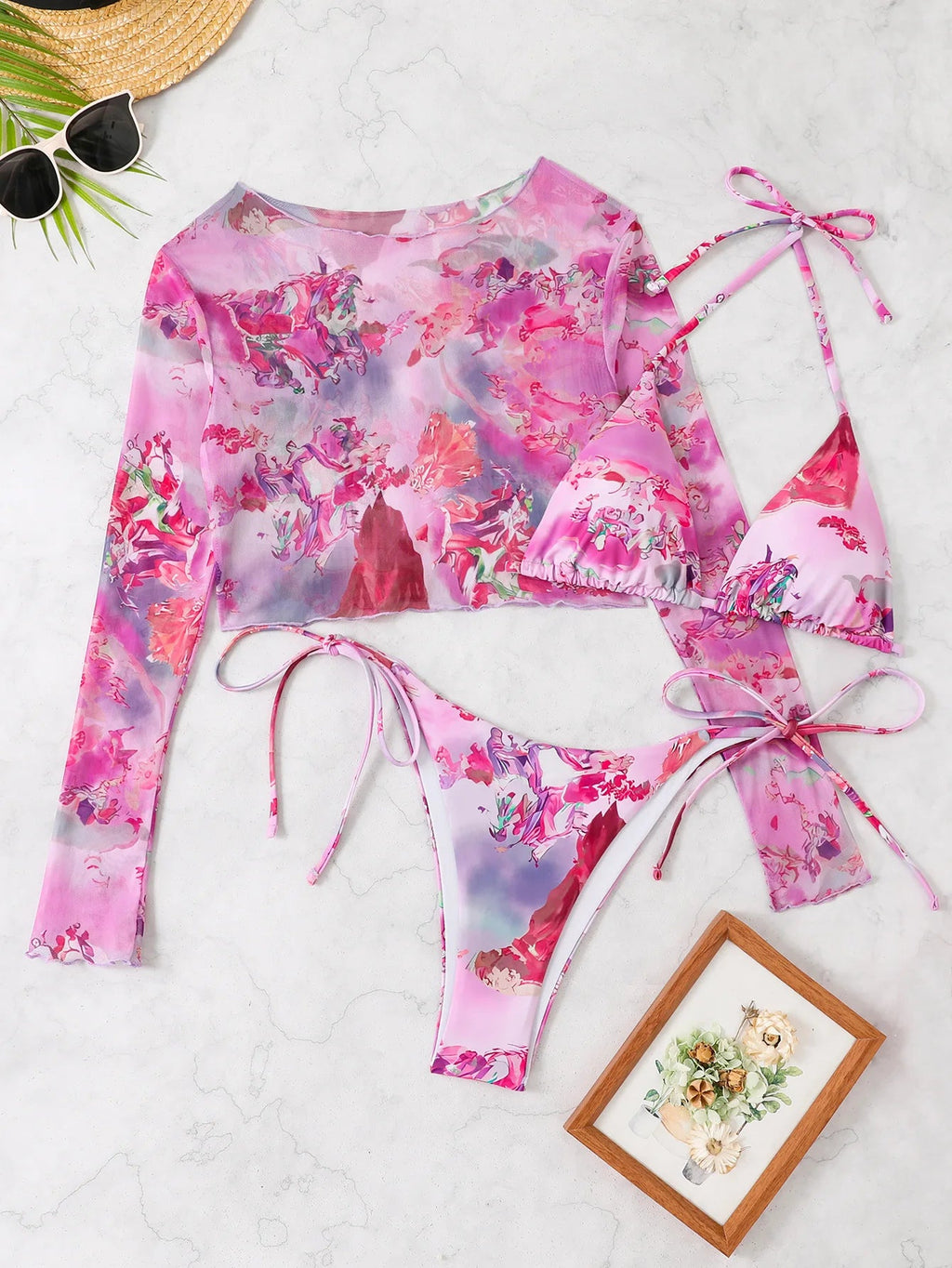 2025 New Sexy Bikini Three-piece Set Women Thong Print Swimsuit Low Waist Summer Mesh Blouse Swimming Pool Bikini Set Brazil Set Aviola