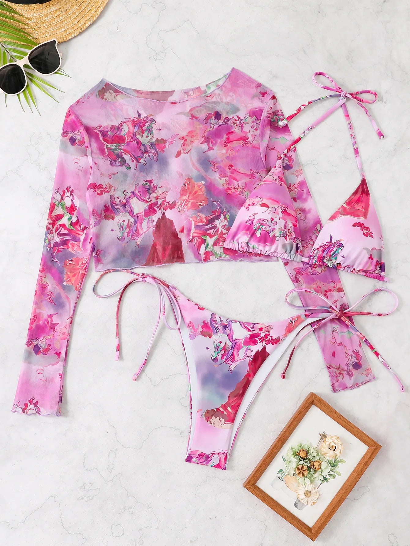 2025 New Sexy Bikini Three-piece Set Women Thong Print Swimsuit Low Waist Summer Mesh Blouse Swimming Pool Bikini Set Brazil Set Aviola