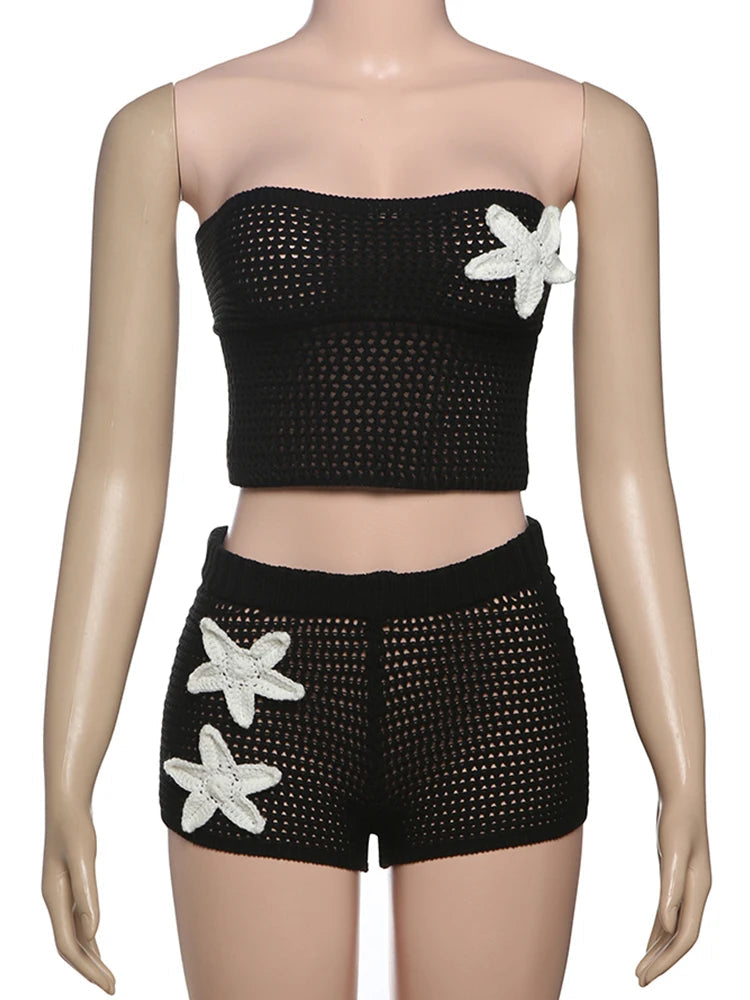 Nibber Summer Crochet Women 2 Piece Set Sexy Applique Hollow Beach Back Bandage Strapless Tops+Shorts Midnight Vacation Clubwear Aviola