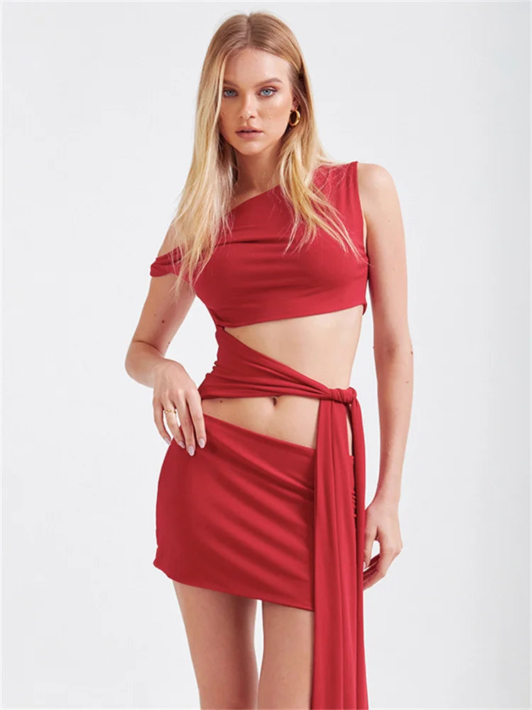 Nibber Irregular Hollow Dress Women Knot Off-The-Shoulder Bandage Biased Collar Sexy Fit Sleeveless Solid Midnight Mini Bodycon Aviola