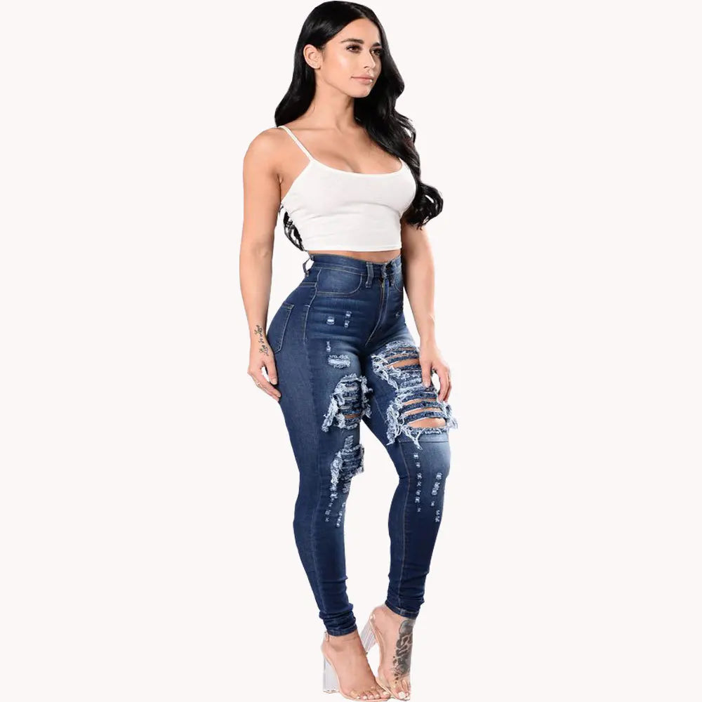 Jeans Women Hole Denim Pencil Pants Ripped Skinny Ankle Length Trousers Stretch High Waist Distressed Washed 2025 Streetwear Aviola