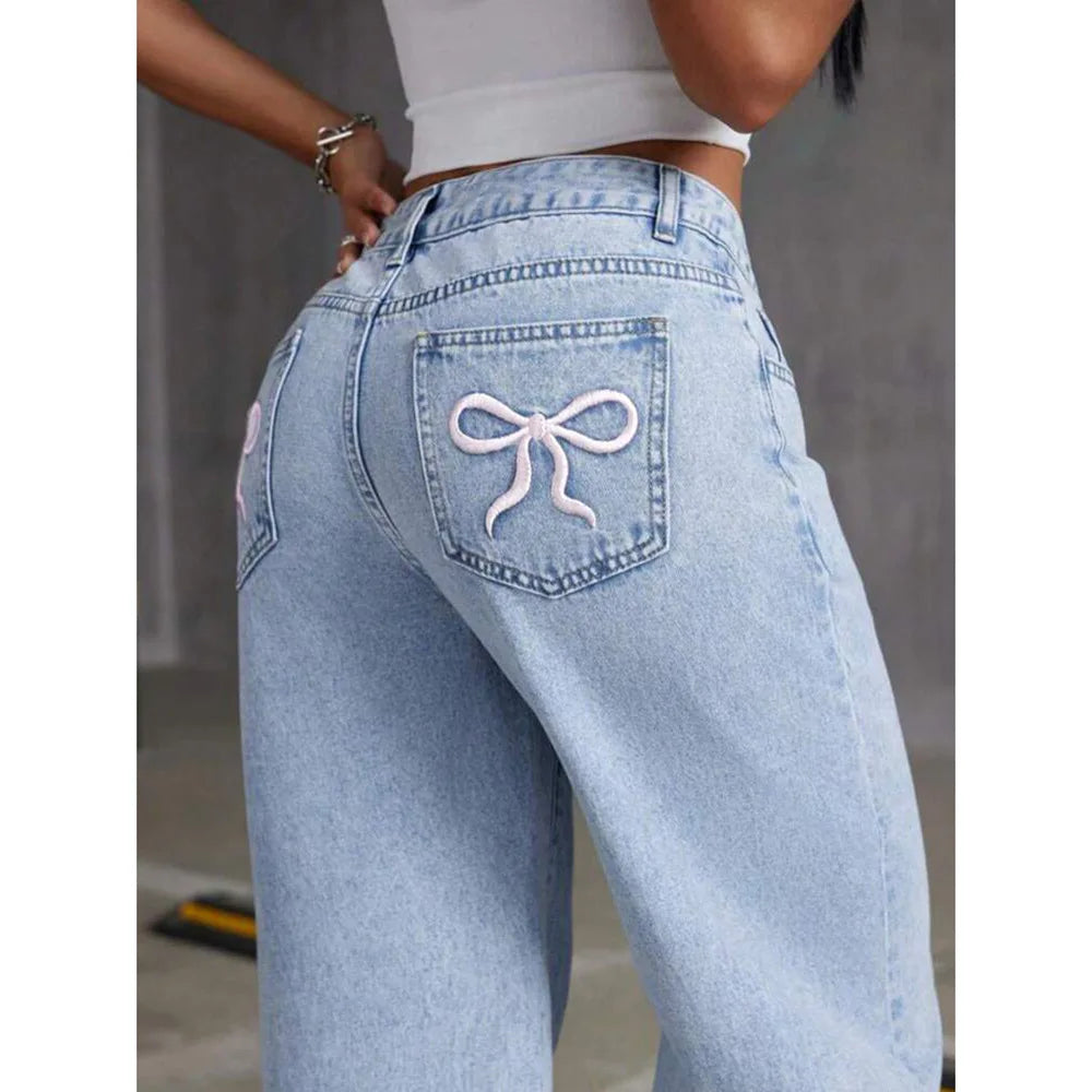 Denim Wide Leg Pants Women Jeans Embroidery High Waist Distressed Washed Mom Pockets Vintage Floor Length Trousers Streetwear Aviola
