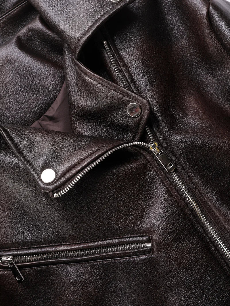 Dark brown Coal graysty le Women's washed leather jacket with belt, short coat with downgraded zipper and vintage lapel jacket Aviola