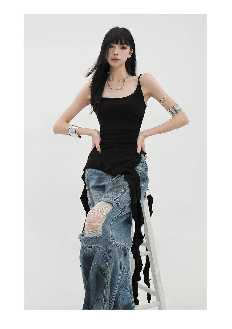 MEXZT Y2K Irregular Black Tank Top Women Grunge Aesthetic Sexy Backless Camis Gyaru Streetwear Korean Tees Summer Design Tanks Aviola
