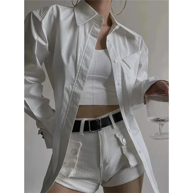 MEXZT Elegant White Shirts Women Fashion Streetwear Long Sleeve Blouses Korean Simple Pocket Button Up Ladies Design Tunic Tops Aviola