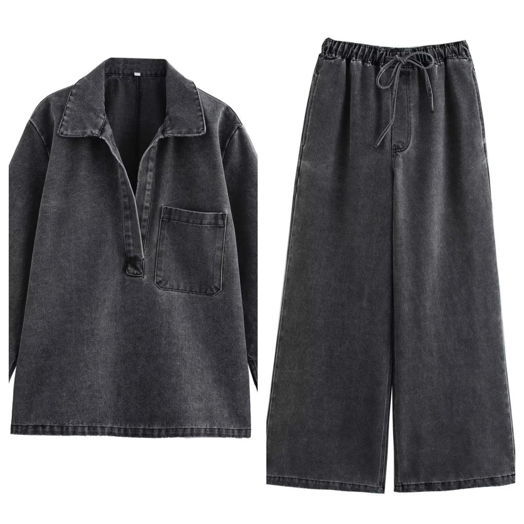 Two Piece Sets Women Denim Top Straight Wide Leg Pants Mom Jeans Matching Sets Lace Up Trousers Ensemble Streetwear Outfits Aviola