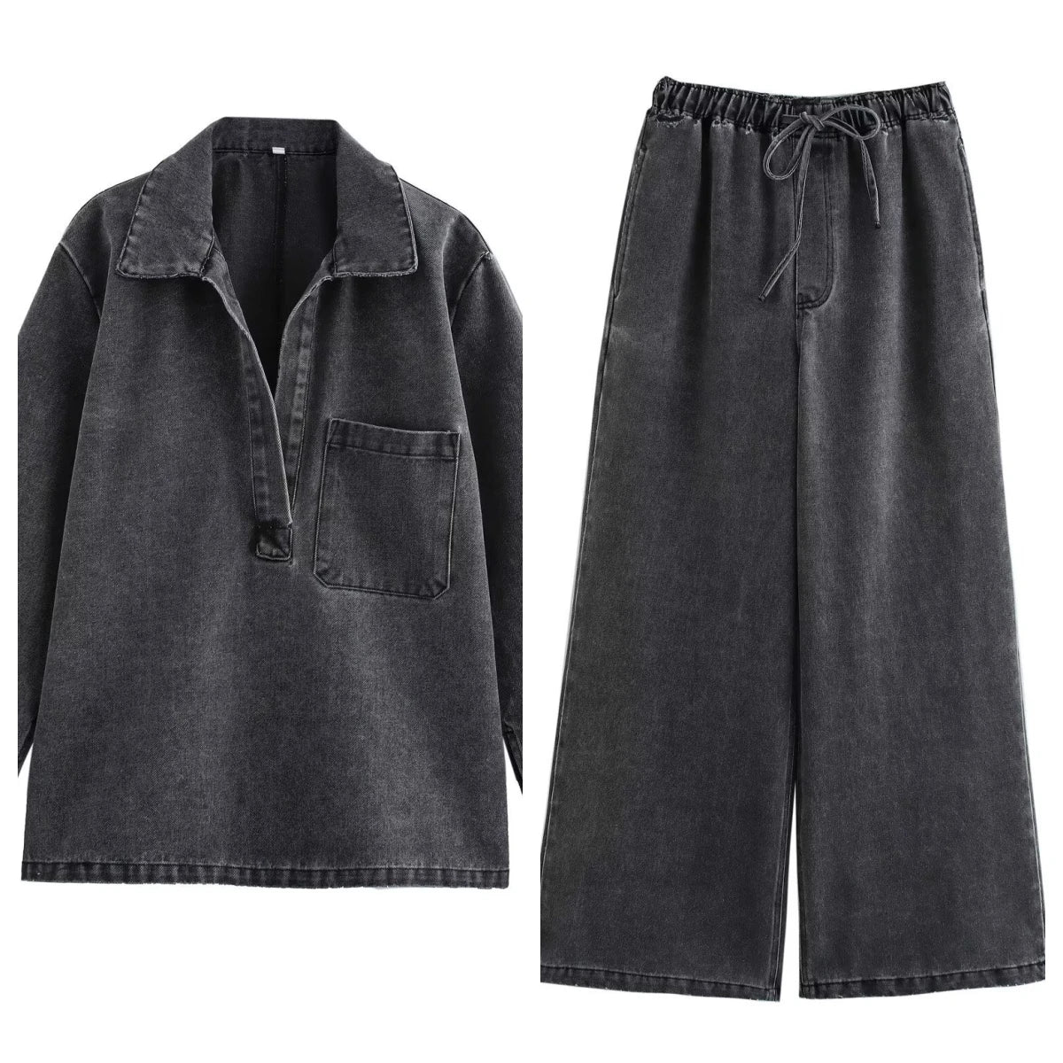 Two Piece Sets Women Denim Top Straight Wide Leg Pants Mom Jeans Matching Sets Lace Up Trousers Ensemble Streetwear Outfits Aviola