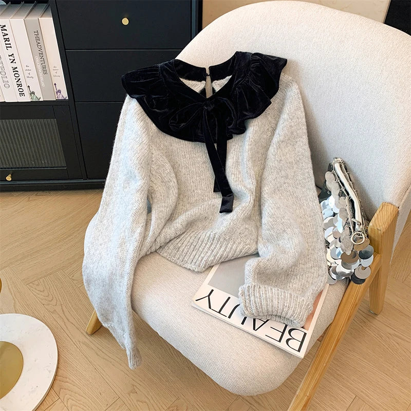 MEXZT Vintage Bow Sweater Women Streetwear Velvet Patchwork Knitted Pullovers Long Sleeve Knitwears Winter Korean Casual Jumpers Aviola