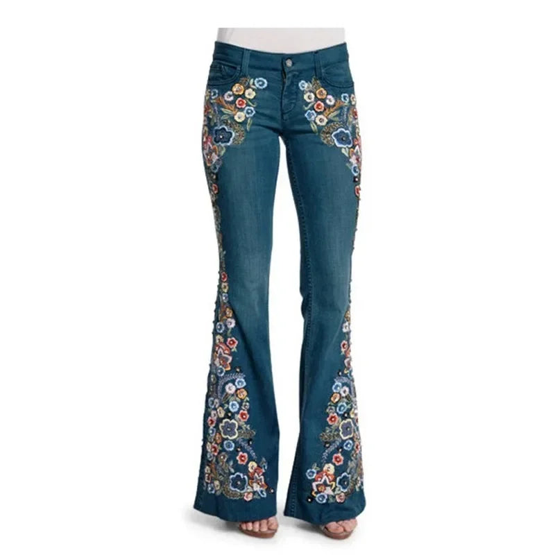 Distressed Flare Jeans Women High Waist Denim Blue Pant Vintage Embroidery Ankle Length Pants Casual Basics 2025 Pockets Loose Aviola