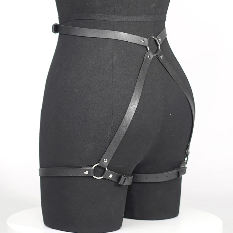 Gothic PU Leather Harness Buttock Garters Sexy Women's Lingerie Set BDSM Body Bondage Leg Harness Fetish Erotic Underwear Sets Aviola