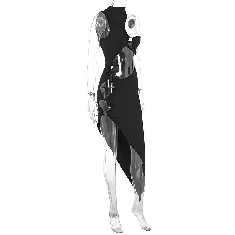 Nibber Rings Patchwork Dress Women Sexy Irregular Hollow Sleeveless Midnight Hottie Club Party Hipster Solid Slits Long Bodycon Aviola