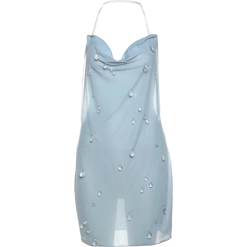 Nibber Backless Small Raindrops Decoration Dress Women Halter Low-Neck Sexy See Through Hottie Midnight Hipster Mini Bodycon Aviola