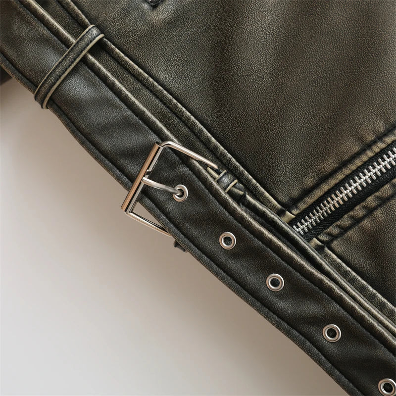 RARF ladies 2024 new vintage do old washed leather imitation leather locomotive type PU jacket women's coat top Aviola
