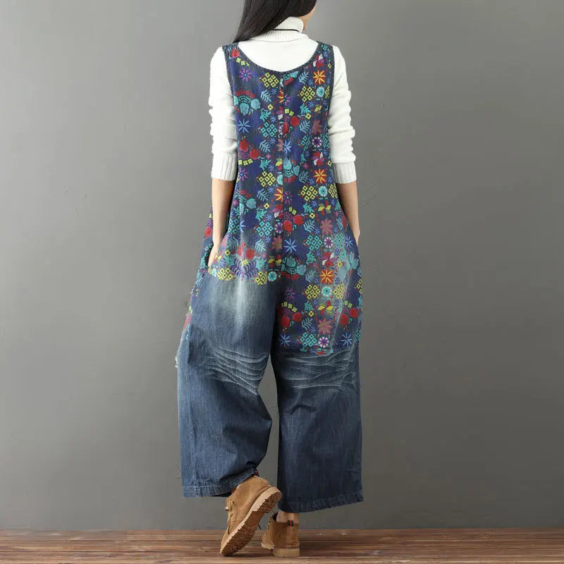 Jean Women Overalls Washed Denim Bleached Wide Leg Pants Hole Ripped Ankle Length Jeans Distressed Pockets Print Casual Aviola