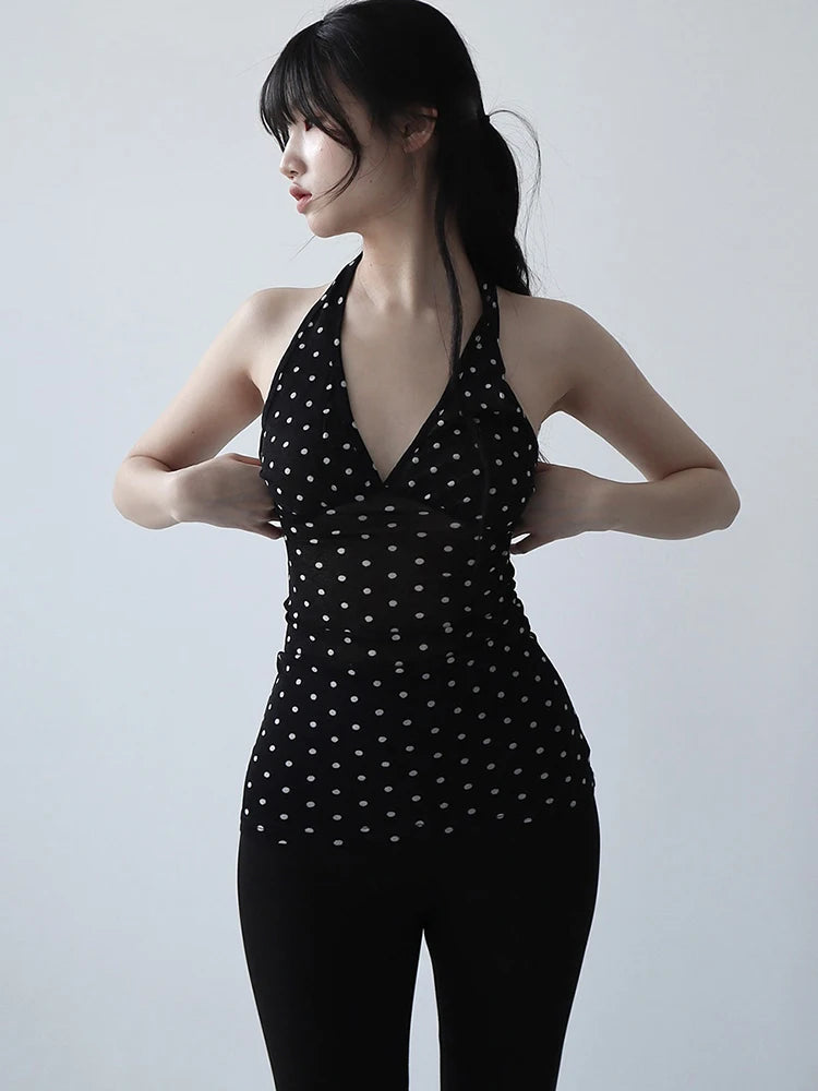 Nibber See Through Vests Women v-Neck Halter Bandage Backless Polka Dot Print Street Sexy Daily Skinny Fashion Hot Chick Tops Aviola