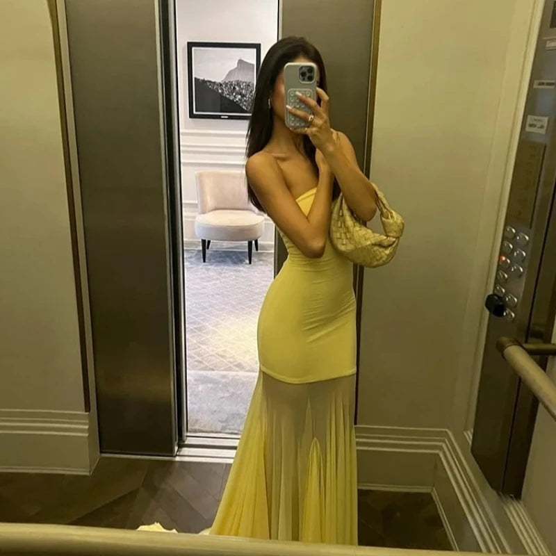Nibber Patchwork Dress Women See Through Temperament Solid Pleated Strapless Sleeveless Backless Slim Banquet Party Vestidos Aviola