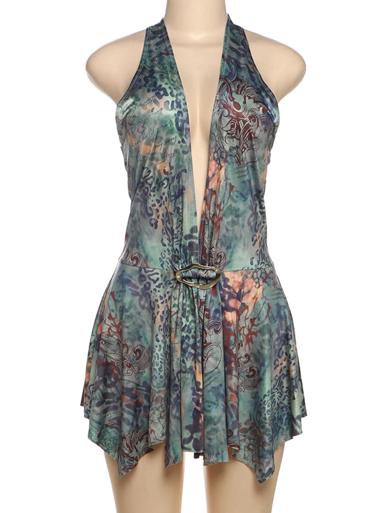 Nibber Vacation Fashion Print Mini Dress Women Halter Deep V-Neck Sexy Backless Ruched Ruffles Hem Trend Beach Party Outfits Aviola