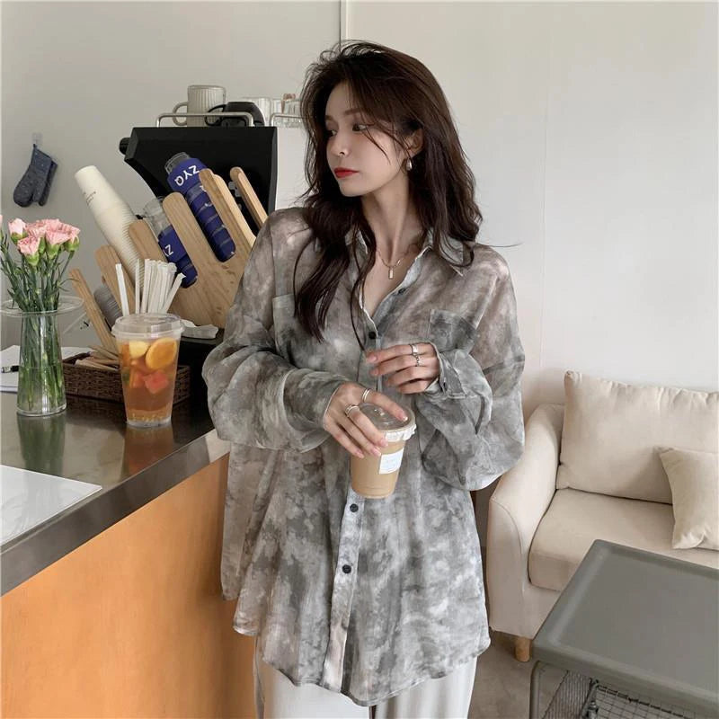 MEXZT Streetwear Tie Dye Shirts Women Harajuku Oversized Sun Proof Blouses Korean Vacation Beach Long Sleeve Sunscreen Tops New Aviola