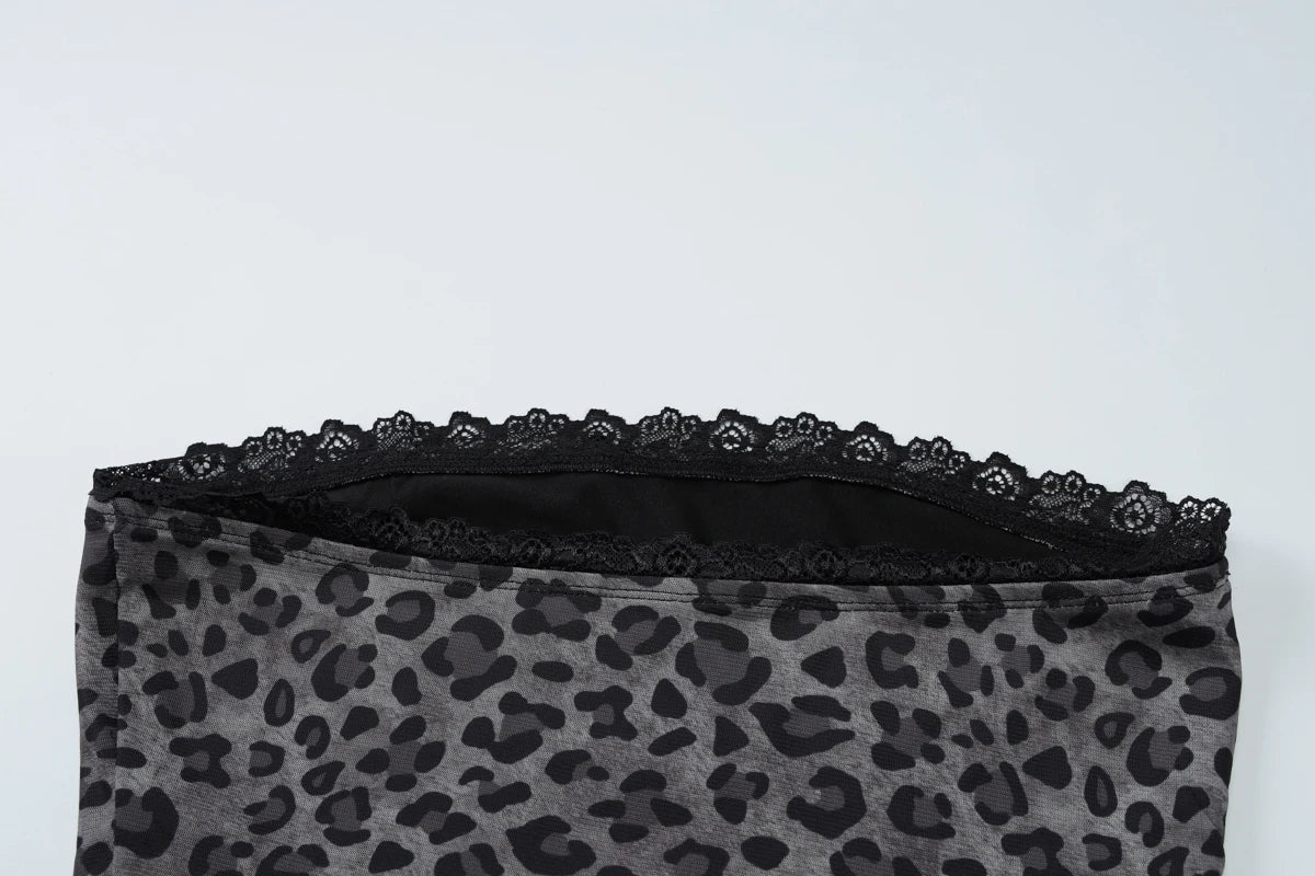 Nibber Sexy Leopard Print 2 Piece Set Women Mesh Patchwork Strapless Tops+Ruched Tierred Shorts  Hottie Street Hipster Suits Aviola