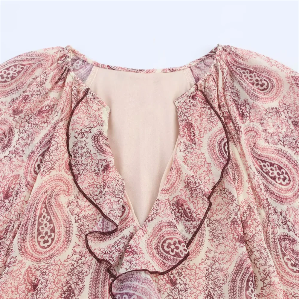 BM&MD&ZA2025Temperament Layered Decorative Printing Loose Long Sleeve V-Neck Dress Summer New Arrival Women's Clothing Aviola