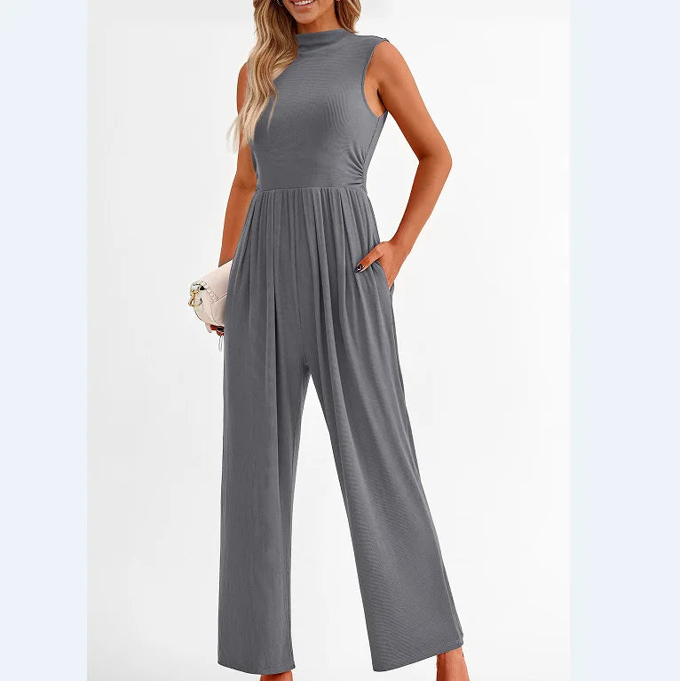 Women Jumpsuits One Piece O Neck Sleeveless Rompers Overalls Solid Wide Leg Pants Pockets High Waist Ankle Length Basics 2025 Aviola