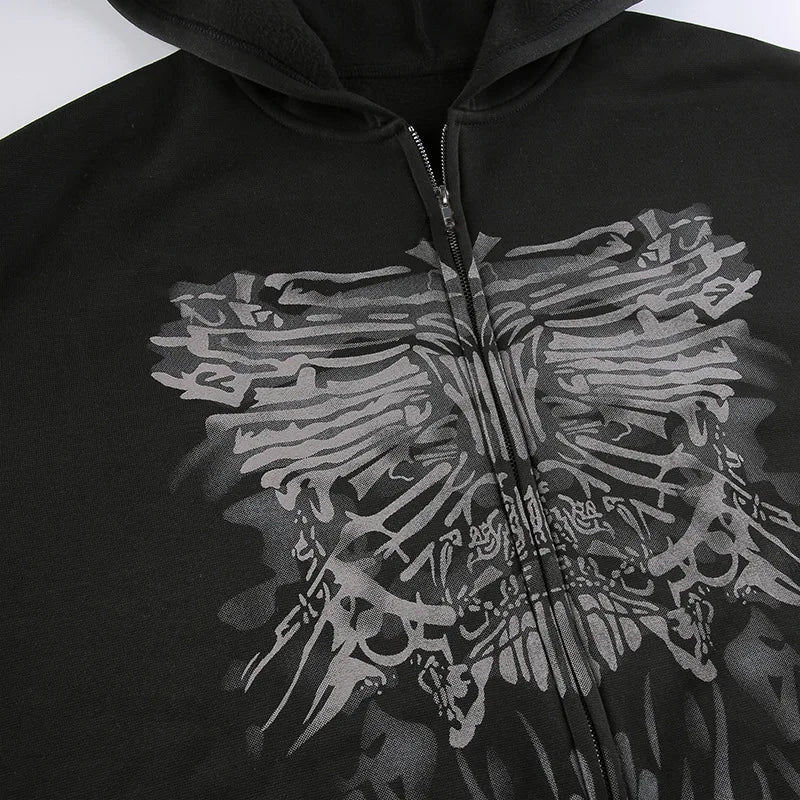Dark personality printed hoodie female American 2024 new black hooded zipper coat loose casual top Aviola