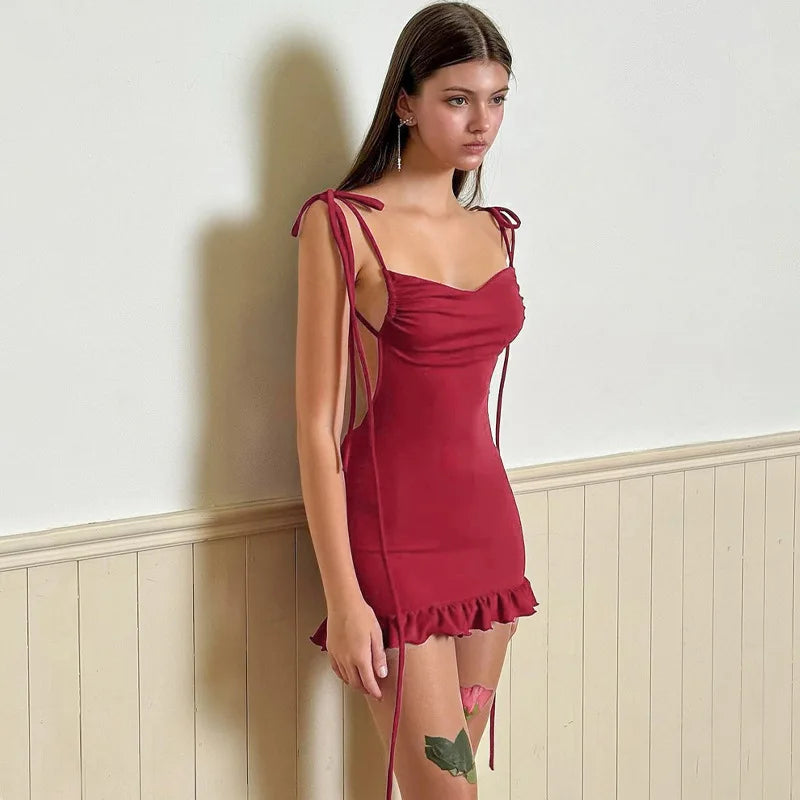 2024 European and American New High end Y2K Sexy Open Back Lace up Slim Fit Spicy Girl Short Skirt Aviola
