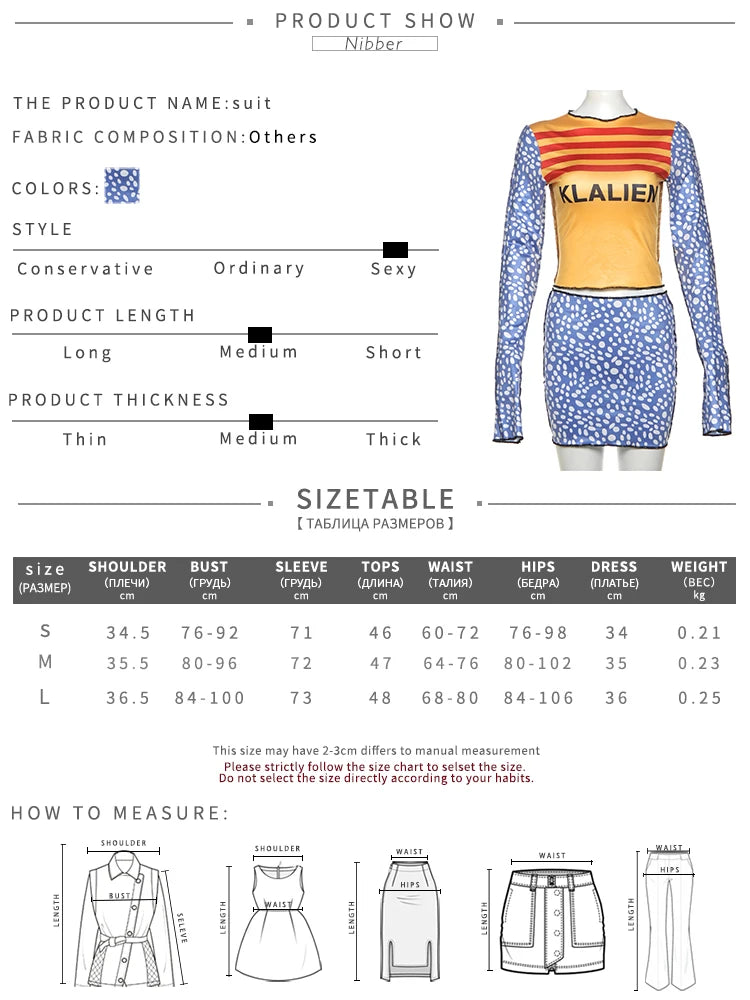 Nibber Letter Print Women 2 Piece Set Autumn Trend Casual Crop Tops+Dot Peach Hip Skirts Stretch Matching Streetwear Outfits Aviola