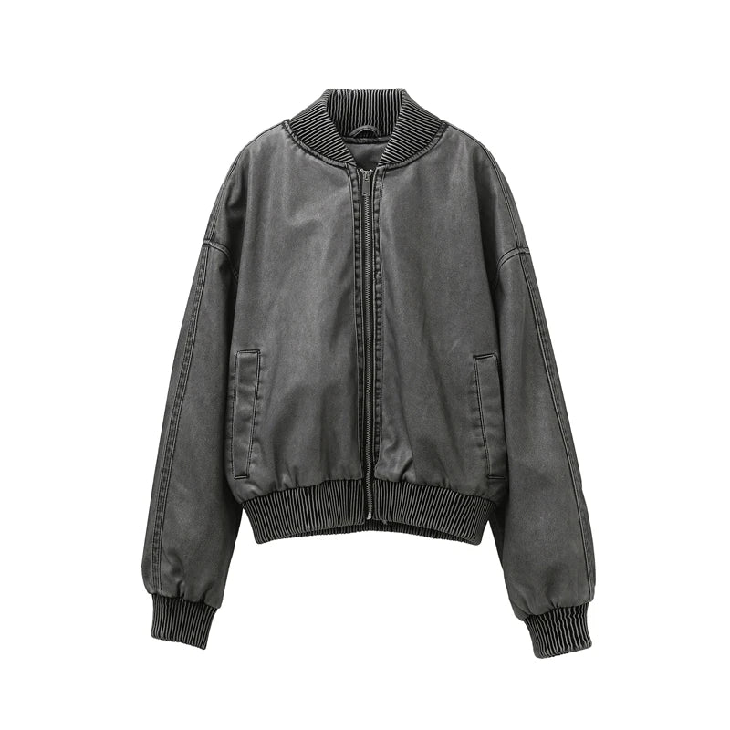 RARF 2024 Women's Wash gray new do old wash Effect Bomber Jacket Thread stand collar long sleeve PU women's coat top Aviola