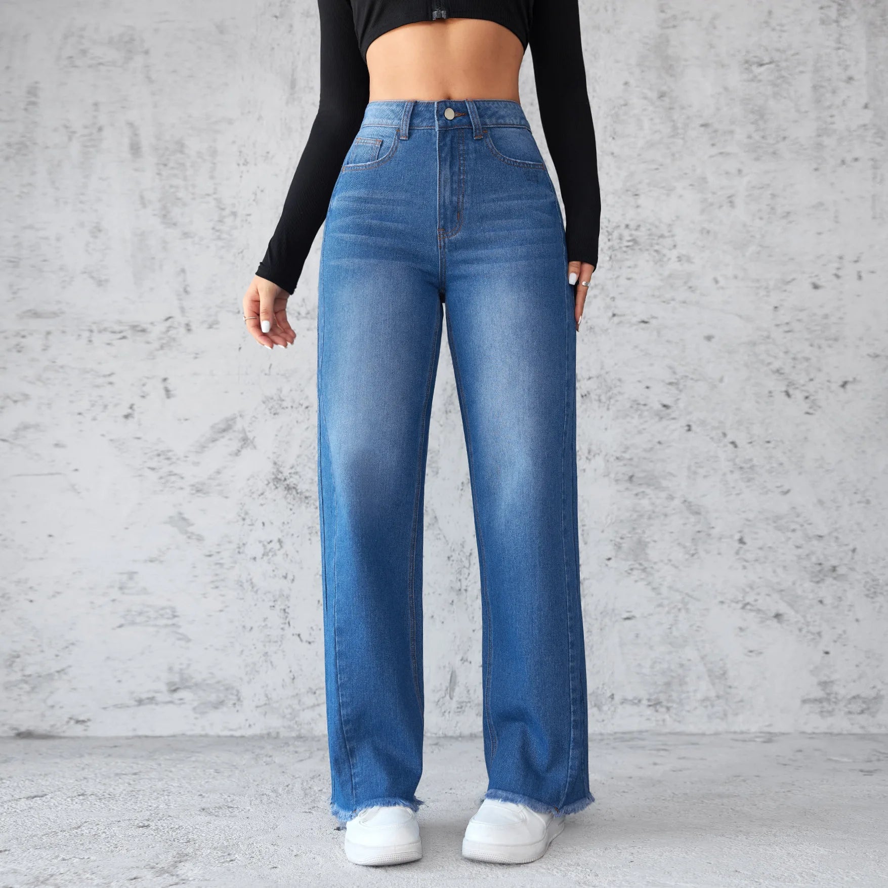 Washed Distressed Denim Straight Pants Vintage Women Jean Pockets High Waist Loose Fit Ankle Length Wide Leg Pants Basics Aviola
