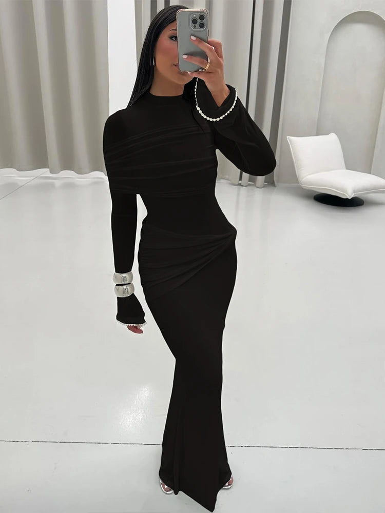 Nibber o-Neck Maxi Dress Women Mesh Long Sleeves Folds Elegant Temperament Autumn Trend Skinny Solid Banquet Simple Vestidos Aviola
