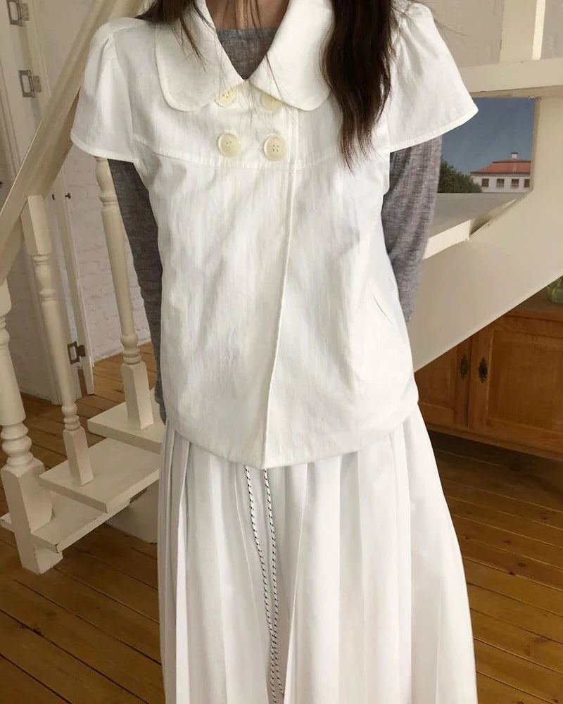 MEXZT Vintage Black Shirts Women Japanese Harajuku White Cropped Puff Short Sleeve Blouses Summer Korean Casual Design Tops New Aviola