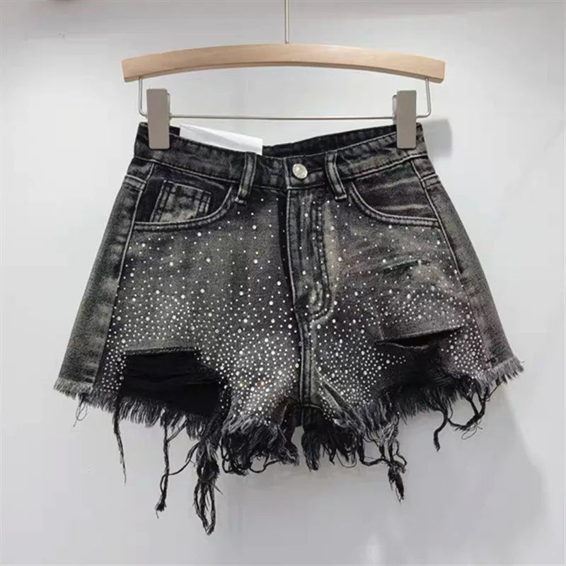 Shorts Denim Pant Women Jeans Short Pants Hot Drilling High Waist Straight Trousers Y2k Streetwear Splice Slim Fit Summer Party Aviola
