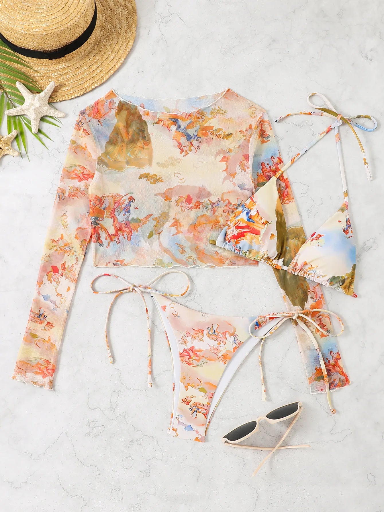 2025 New Sexy Bikini Three-piece Set Women Thong Print Swimsuit Low Waist Summer Mesh Blouse Swimming Pool Bikini Set Brazil Set Aviola