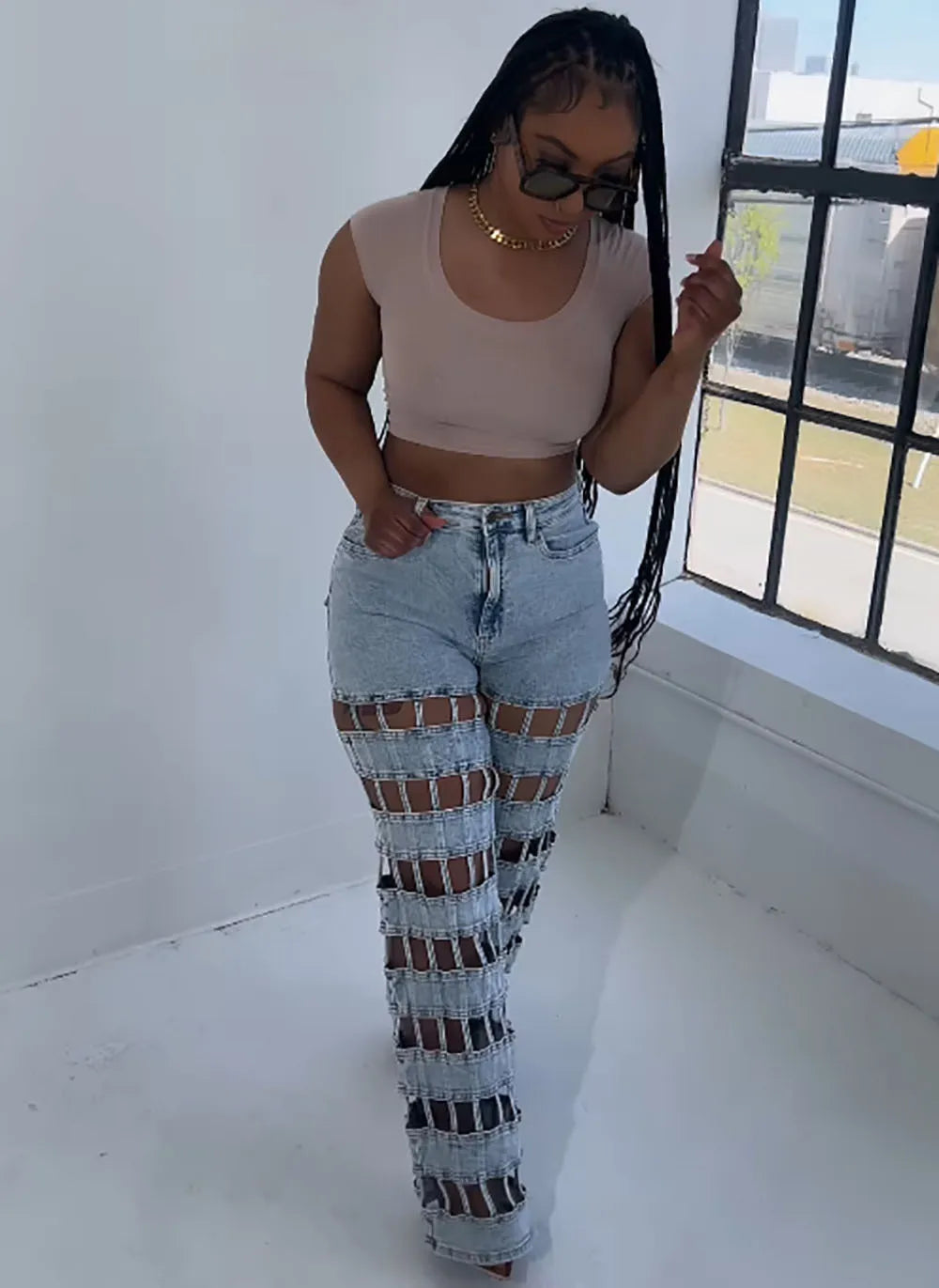Denim Pant Women Jeans Long Pants Hollow Out High Waist Straight Mom Trousers Y2k Streetwear Elegant Splice Hole Casual Work Aviola