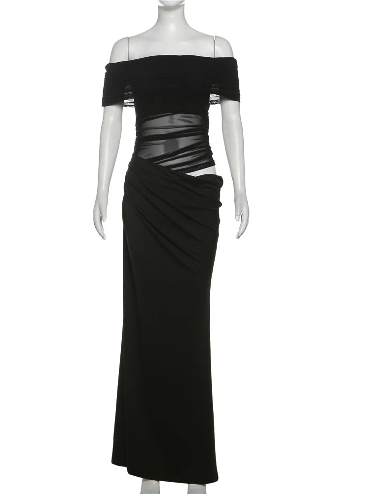 Nibber Ruched Irregular Dress Women Mesh Patchwork Slash Neck Short Sleeve Skinny Stretch Trend Elegant Long Bodycon Outfits Aviola