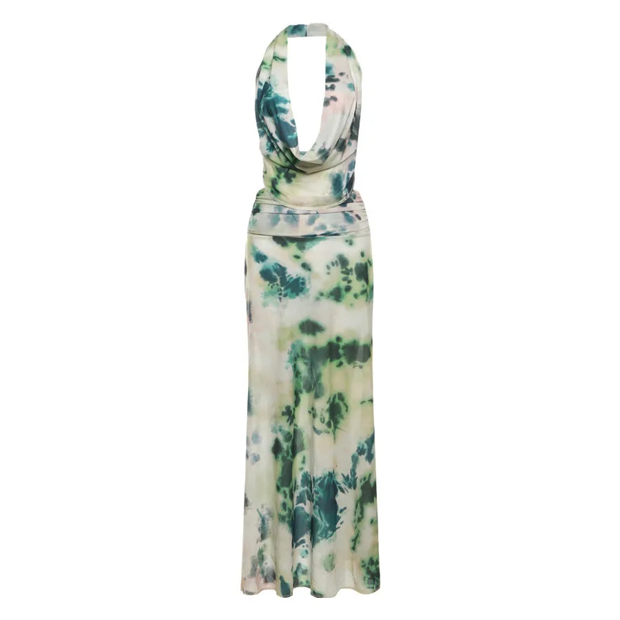 nibber Backless Halter 2Peice Set Woman Print Summer Swinging-Collar Bandage Tank Tops+Mesh Ruffles Tie-Dye Skirt Matching Suit Aviola