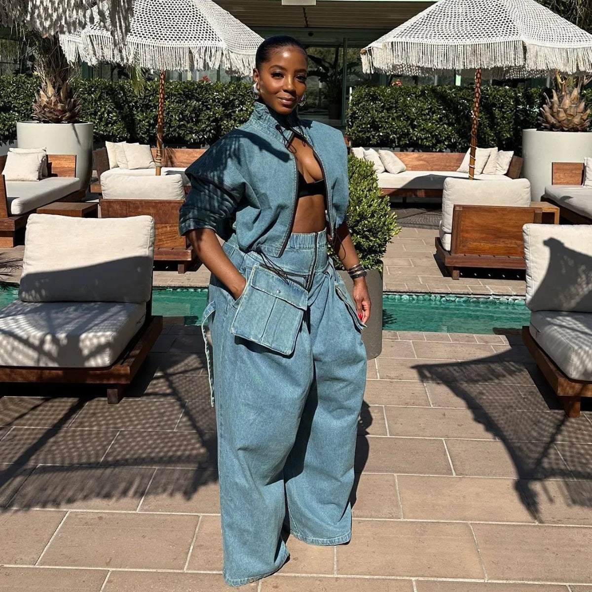 Denim Two Piece Sets Women Coat Jacket Wide Leg Pants Jeans Suits Matching Sets Trousers Outfits 2025 Y2k Streetwear Party Aviola
