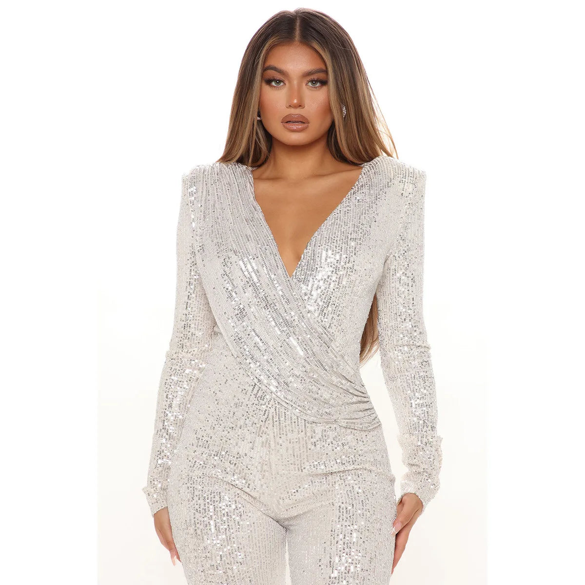 Women Jumpsuits V Neck Rompers Overalls One Piece Formal High Waist Pullover Sexy Sequins Solid Full Length Spring 2024 Aviola