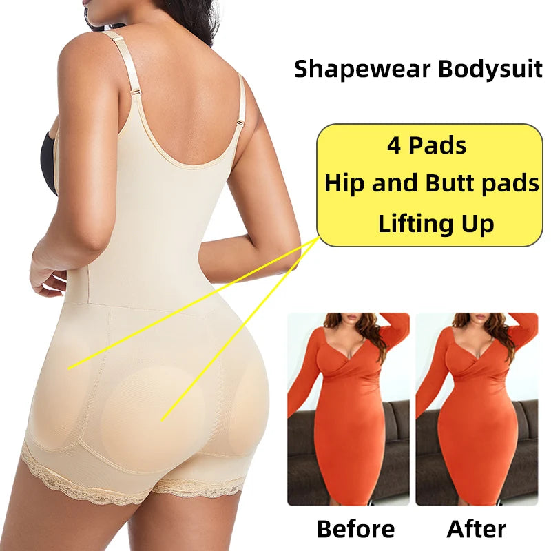 4-Pad Body Shaper Bodysuit for Women Adjustable Strap Tummy Control Shapewear Butt Lifter Hip Enhancer Slimming Waist Cincher Aviola