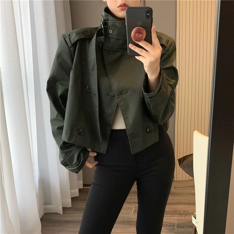 RARF 2024 autumn new women's fashion pocket double breasted waxed leather short trench coat women's top coat Aviola