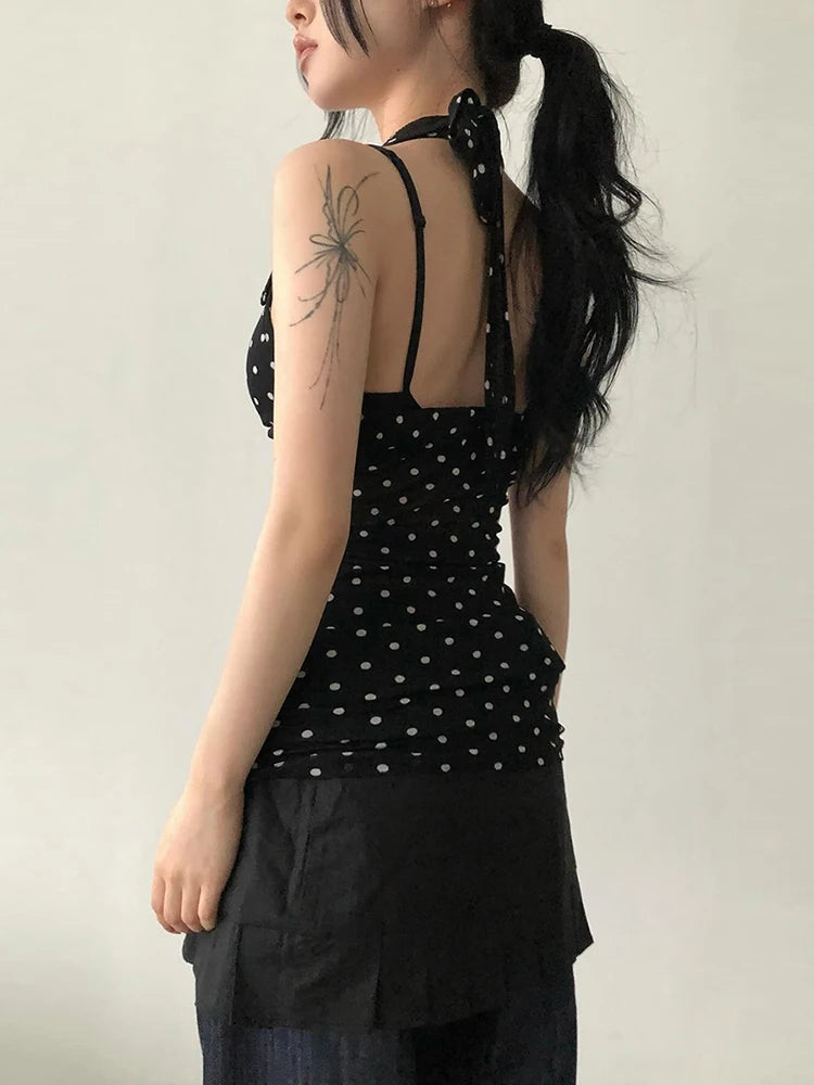 Nibber See Through Vests Women v-Neck Halter Bandage Backless Polka Dot Print Street Sexy Daily Skinny Fashion Hot Chick Tops Aviola