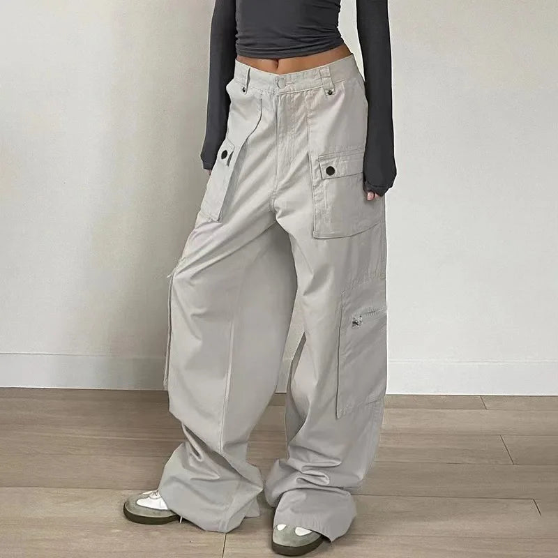 Cargo Pants Women Casual Jeans Utility Low Waist Trousers Pockets Zipper Straight Y2k Streetwear Loose 2025 Summer Party Club Aviola