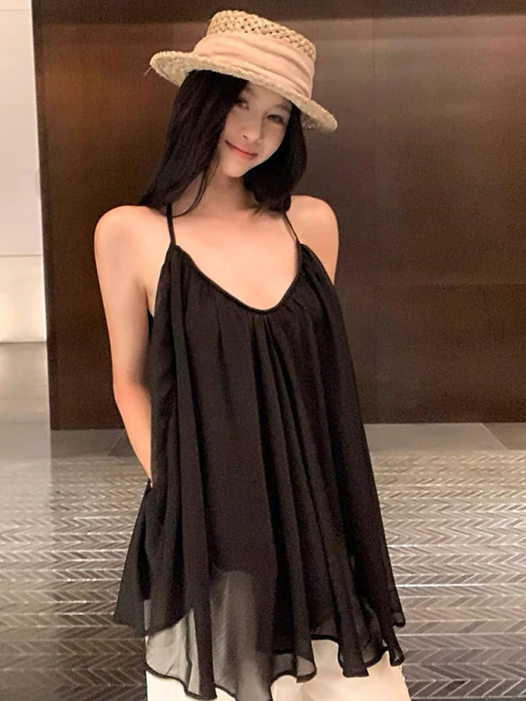 Nibber Backless Dress Women Low-Neck Folds Sleeveless Mesh Solid Summer Fashion Beach Party Vacation Simple Sexy Mini Bodycon Aviola