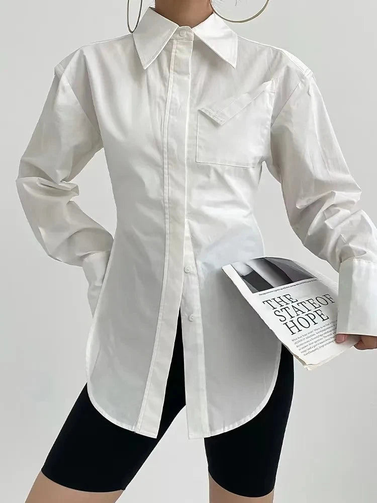 MEXZT Elegant White Shirts Women Fashion Streetwear Long Sleeve Blouses Korean Simple Pocket Button Up Ladies Design Tunic Tops Aviola