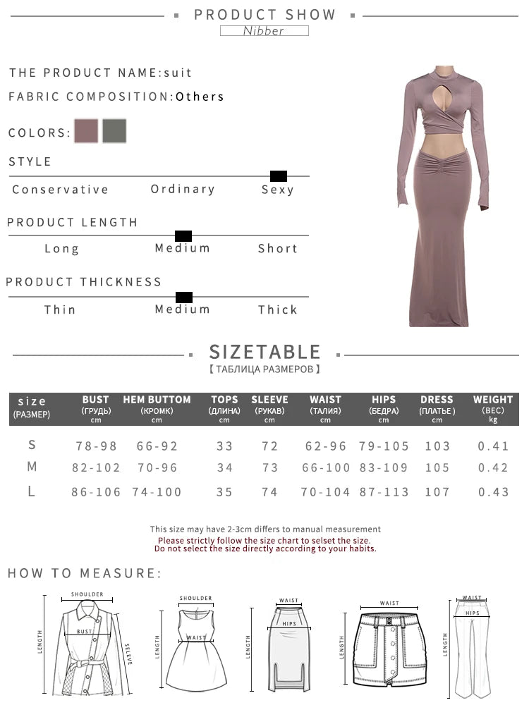 Nibber Elegant Fall 2 Piece Set Women Hollow Cross Bandage Full Sleeve Crop Tops+Ruched Maxi Bodycon Skinny Trend Matching Suits Aviola