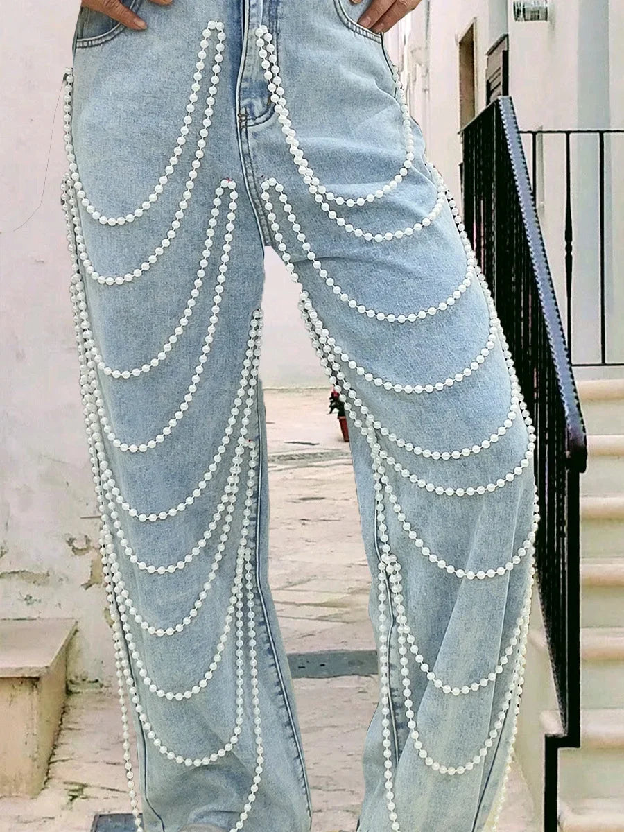 Straight Pants Women Jeans High Waist Beading Washed Distressed Vintage Mom Pockets Button 2025 Streetwear Y2k Denim Trousers Aviola