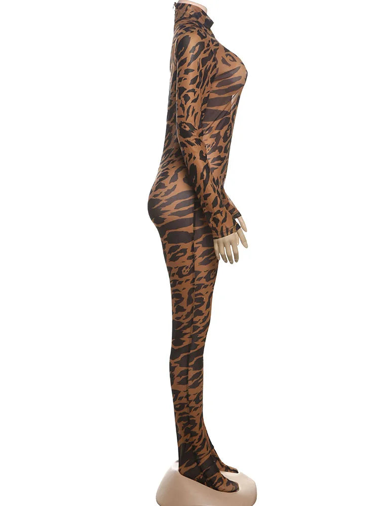 Nibber Full Sleeve Leopard Print Foot Jumpsuit Women See Through Turtleneck Coquette Midnight Club Activity Workout Overalls Aviola