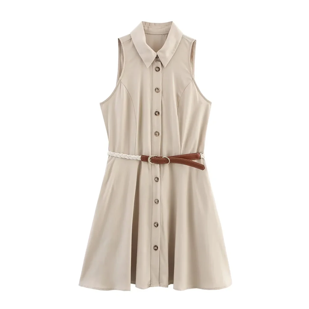 BM&MD&ZA2025lapel with belt single-breasted sleeveless loose comfortable simple dress summer new women's clothing Aviola